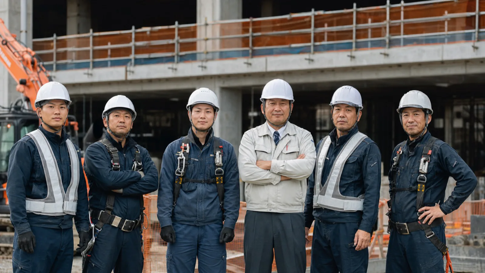 建設現場で並ぶ日本人の職人と現場監督チーム