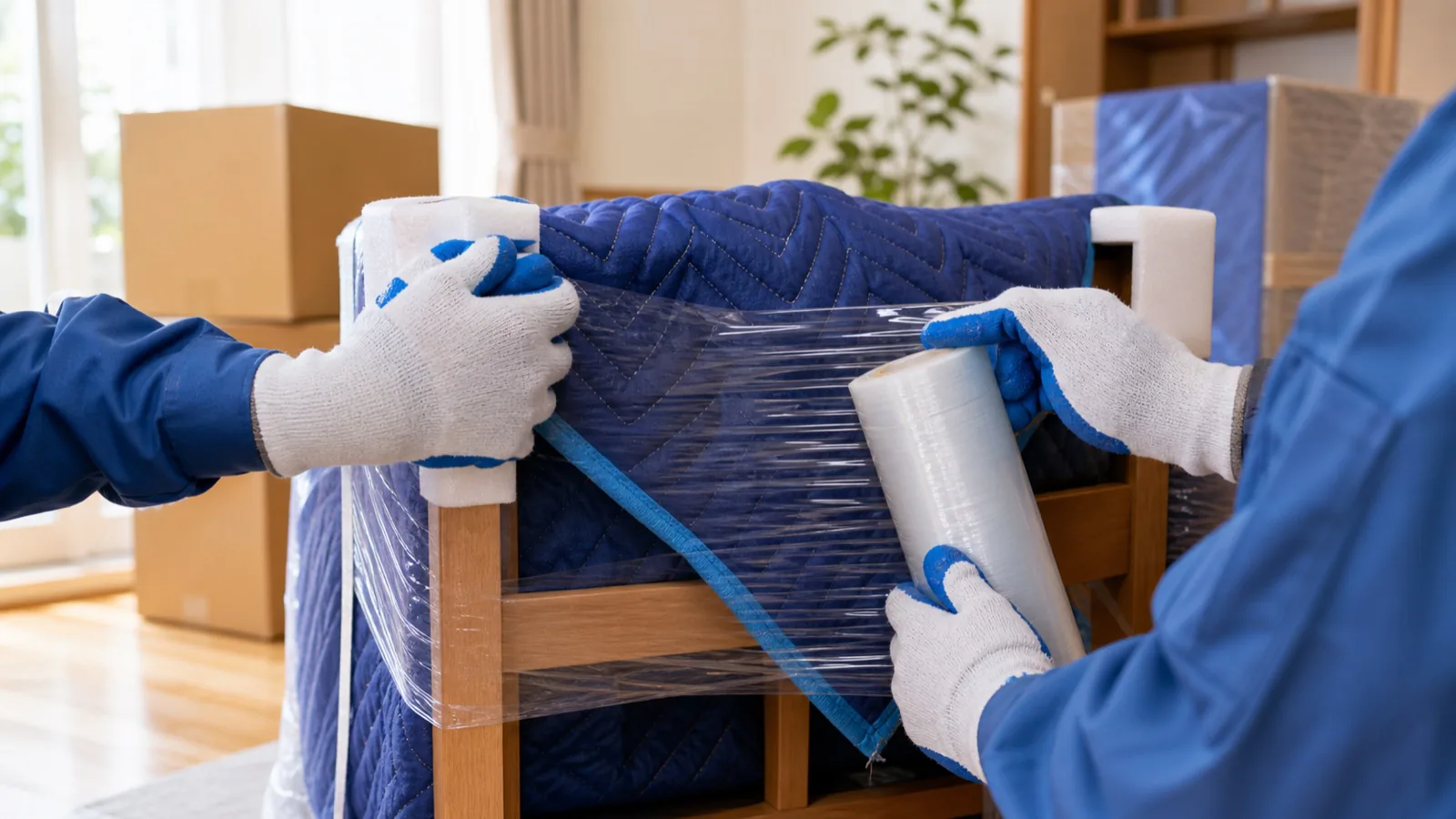 家具を保護しながら丁寧に梱包する引越し作業