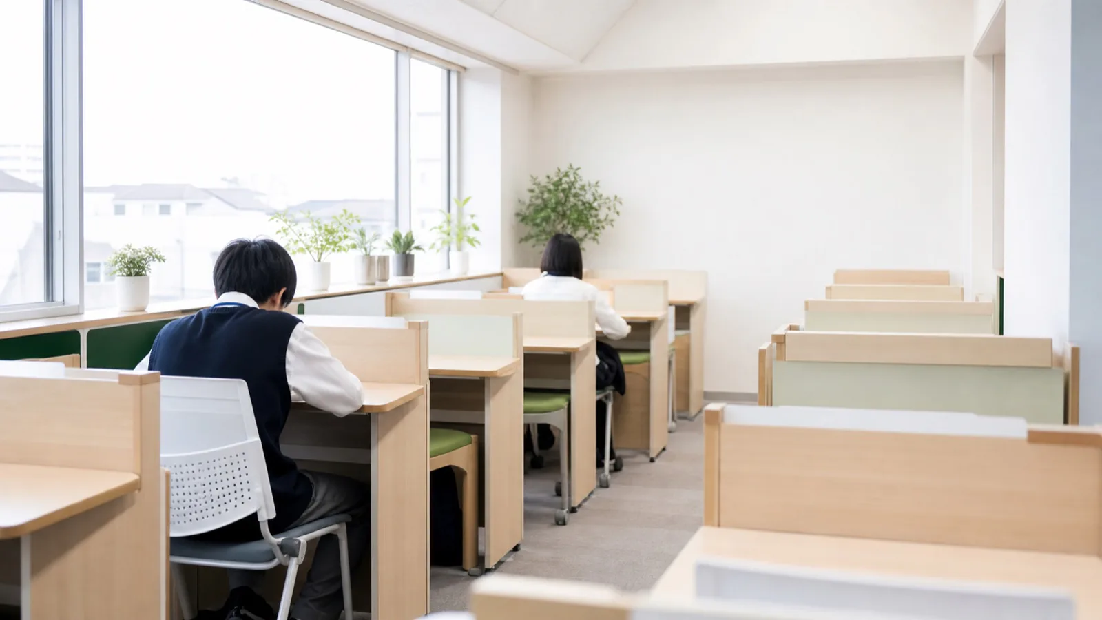 明るい教室で学ぶ生徒と講師