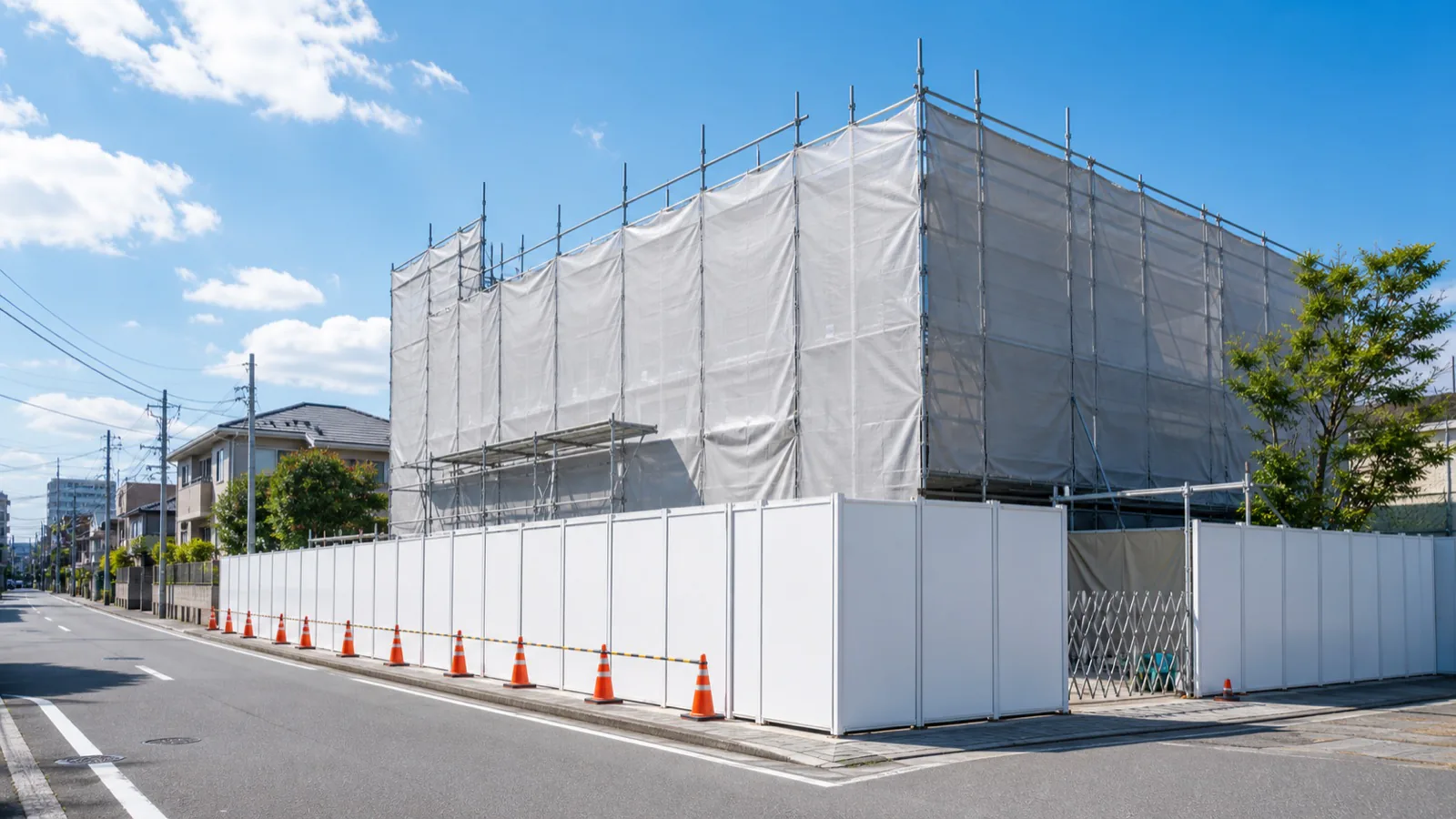 養生足場が組まれた解体工事現場