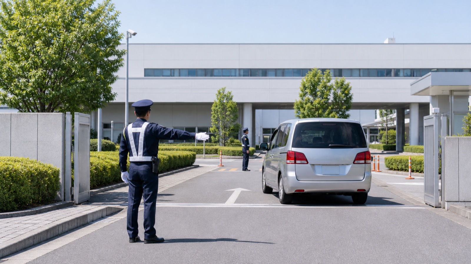 施設入口で車両を誘導する警備員