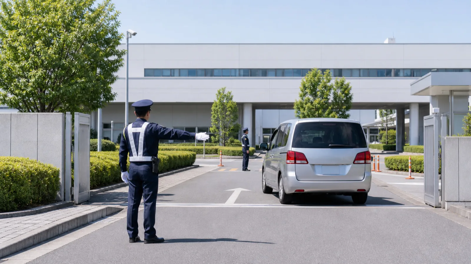 施設入口で車両を誘導する警備員