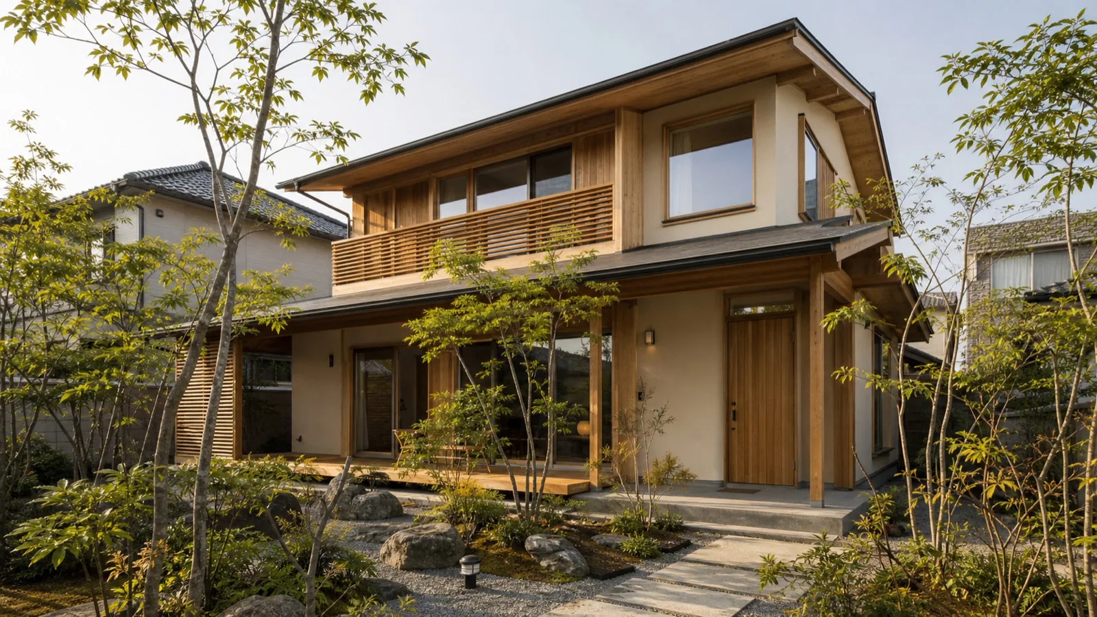 木を活かした日本の一戸建て外観と庭