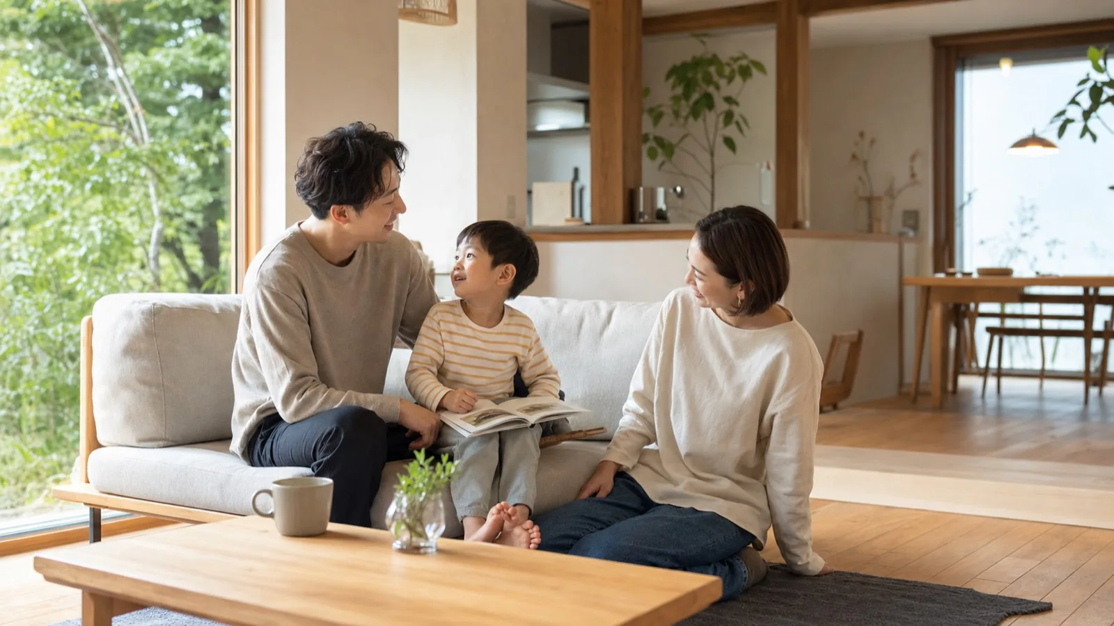 新居のリビングでくつろぐ日本人家族