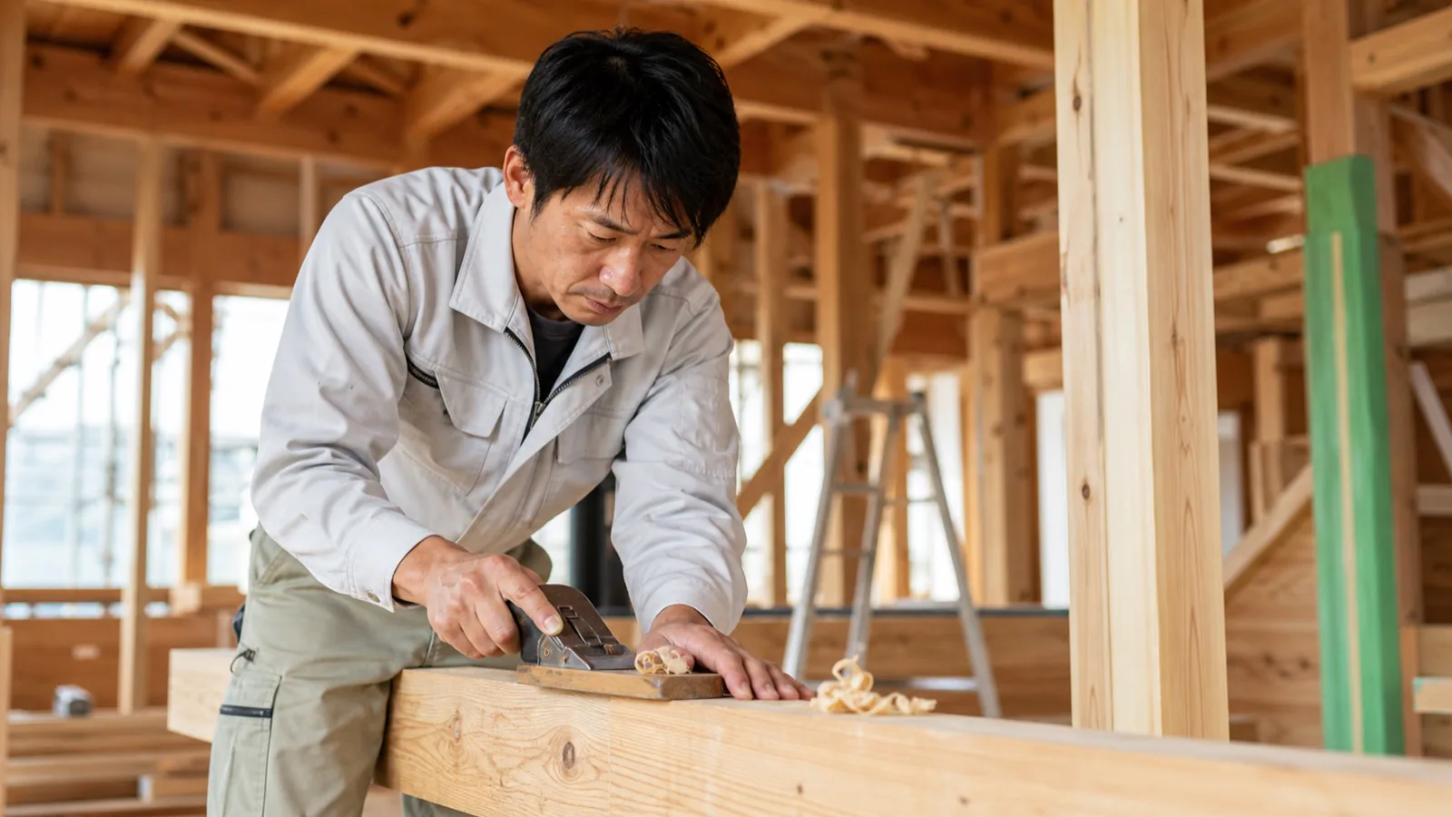 日本人職人が木造住宅を手仕事で建てる様子