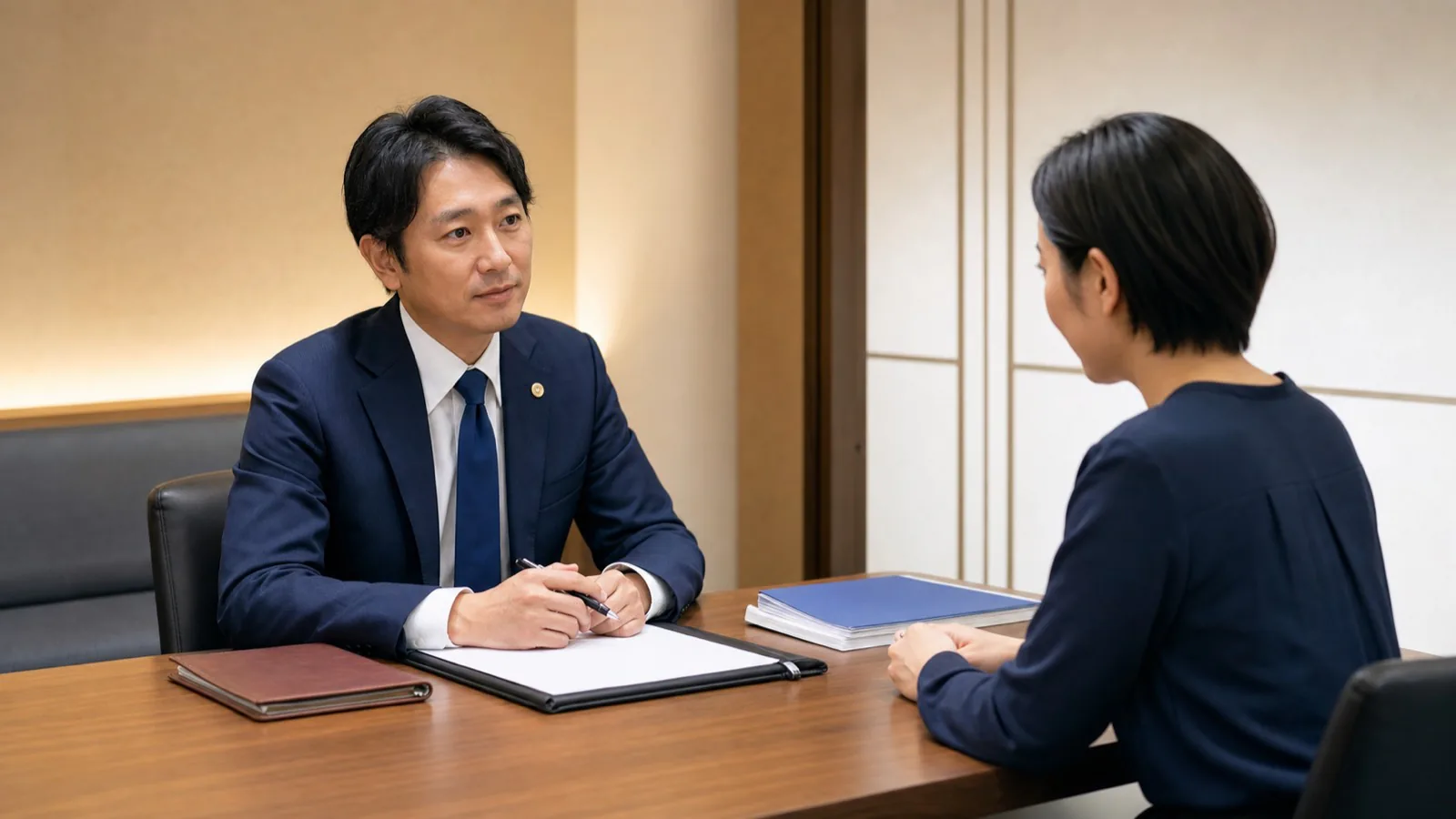 日本人弁護士が相談者の話を丁寧に聞く法律相談の様子