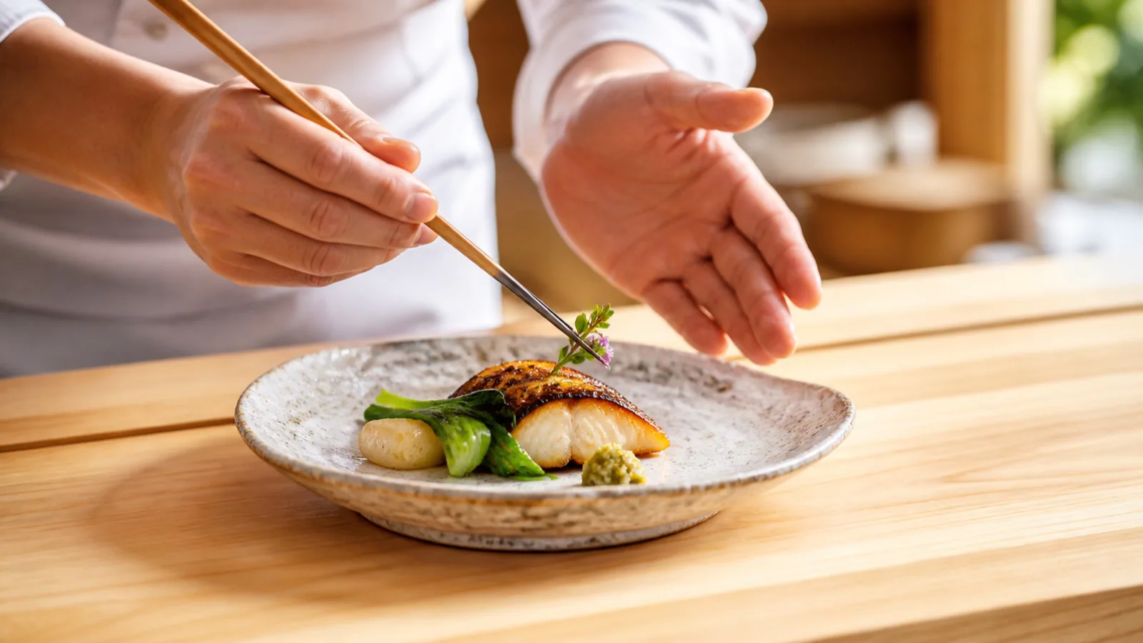 料理人が焼き魚に薬味を添える様子