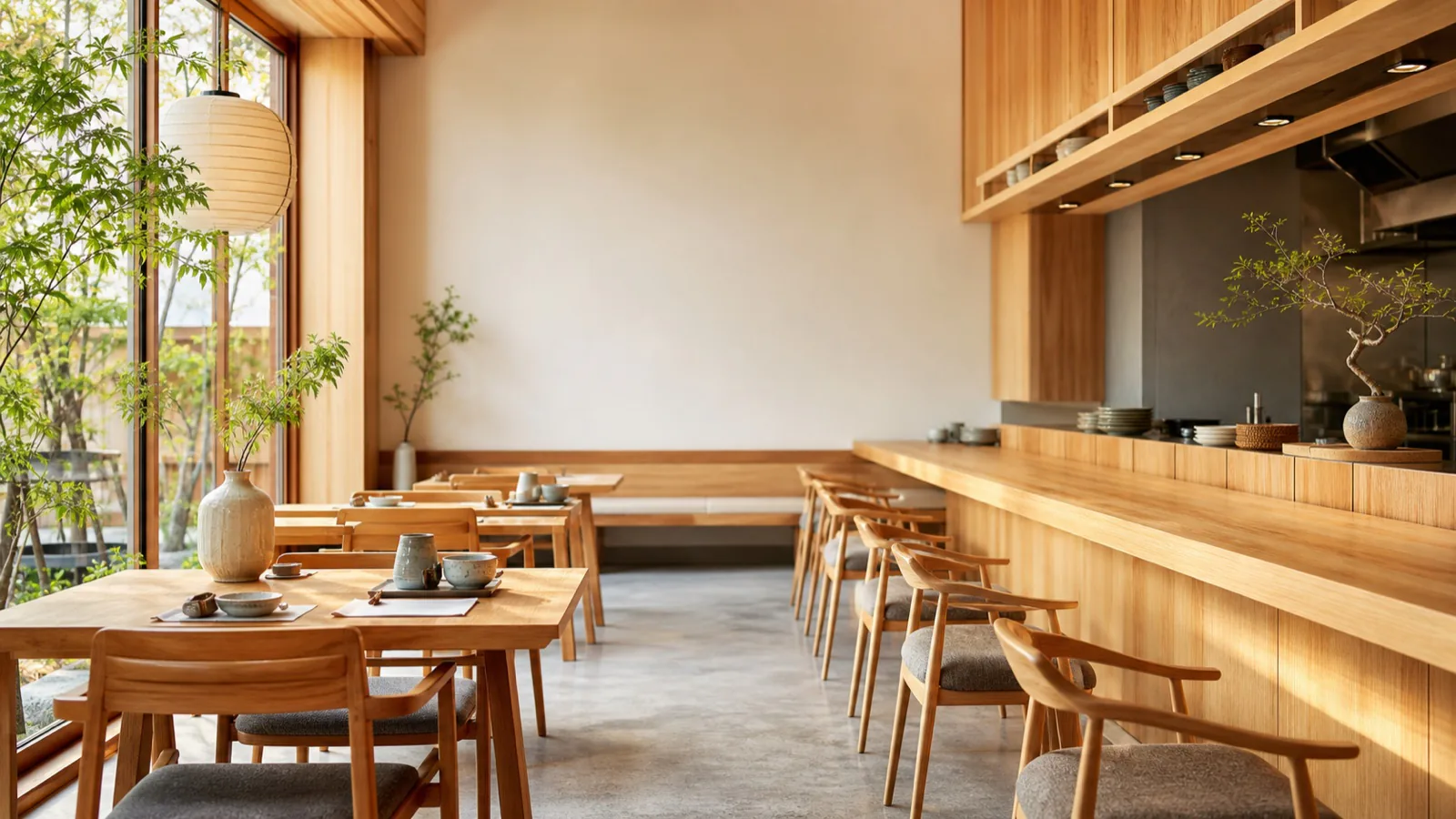 木の温もりがある明るい飲食店の店内