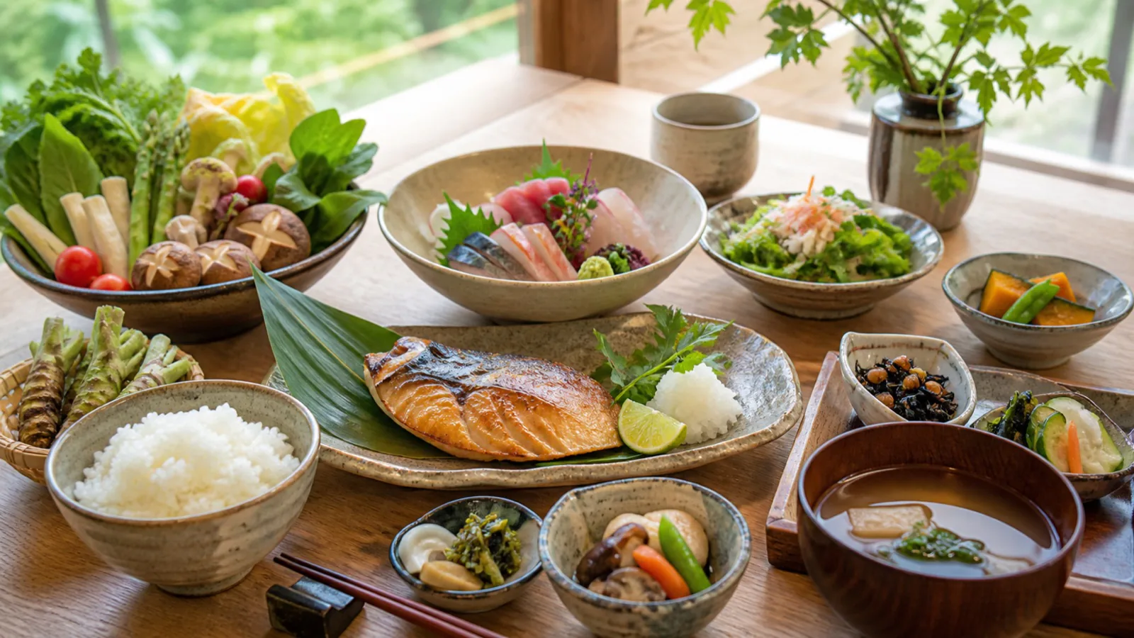 焼き魚と小鉢が並ぶ和食の看板メニュー