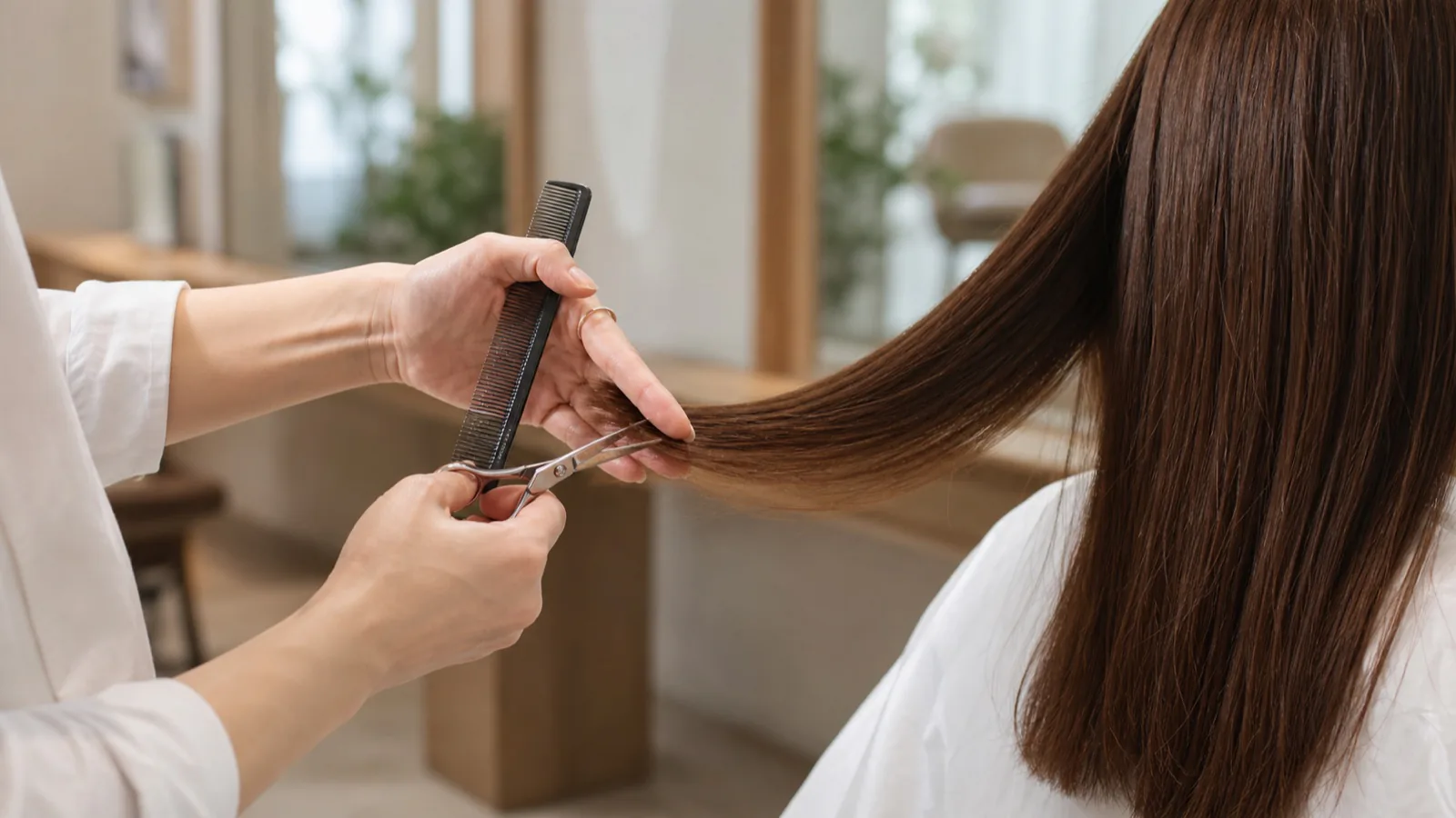 美容室で毛先を整えるスタイリストの手元