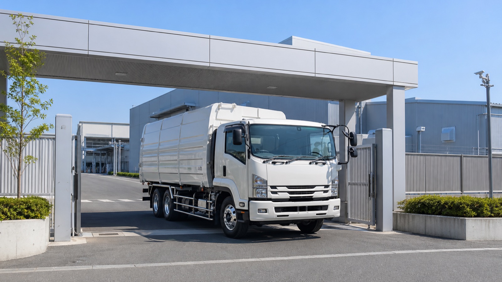 収集運搬車が施設ゲートを出入りする様子