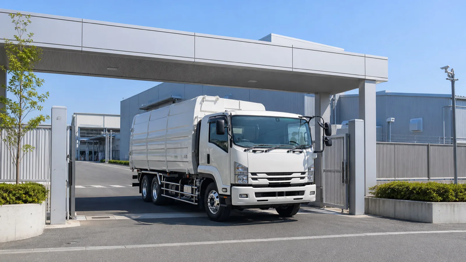 収集運搬車が施設ゲートを出入りする様子
