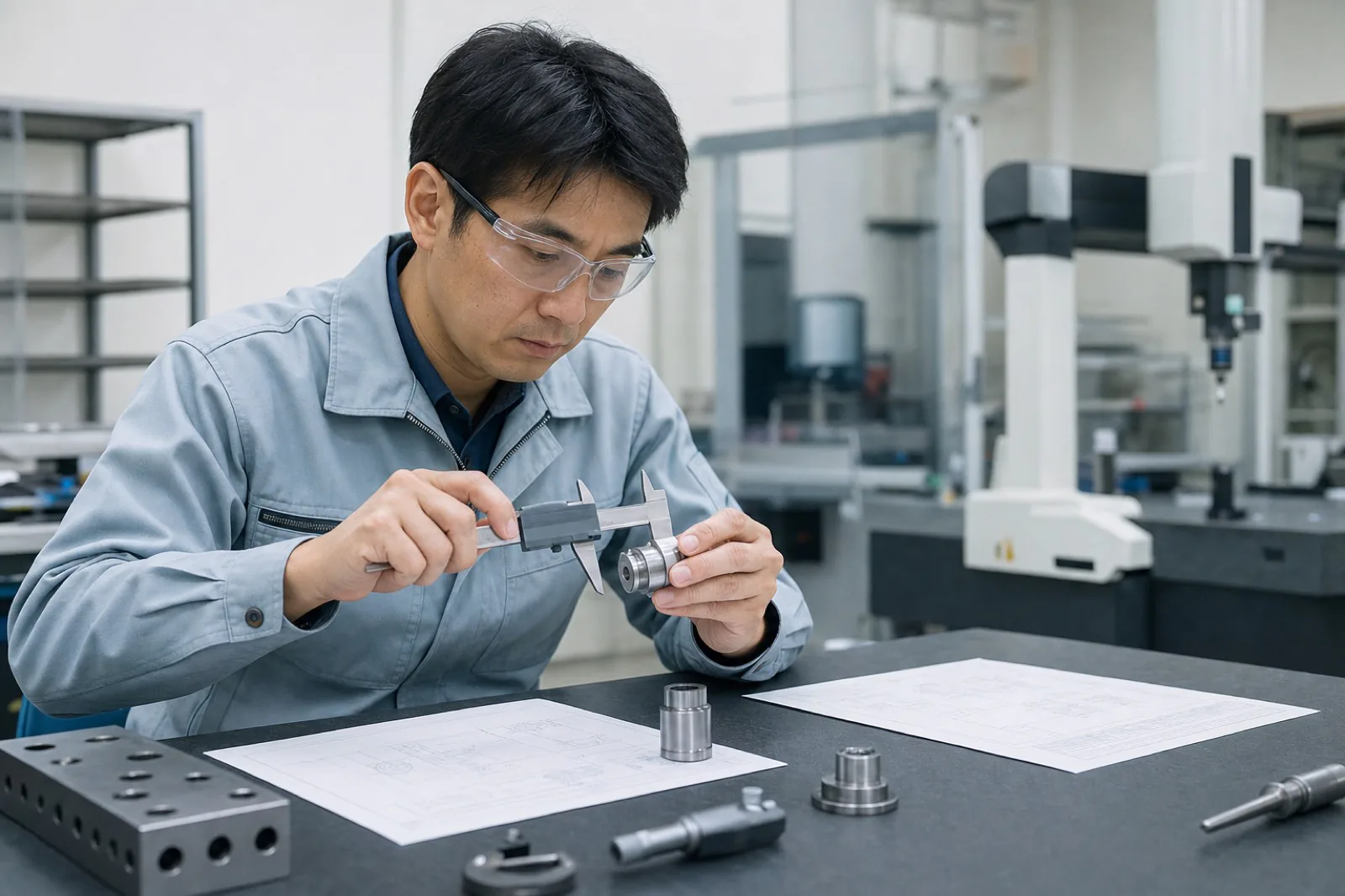 日本人技術者が測定器で金属部品を検査する様子