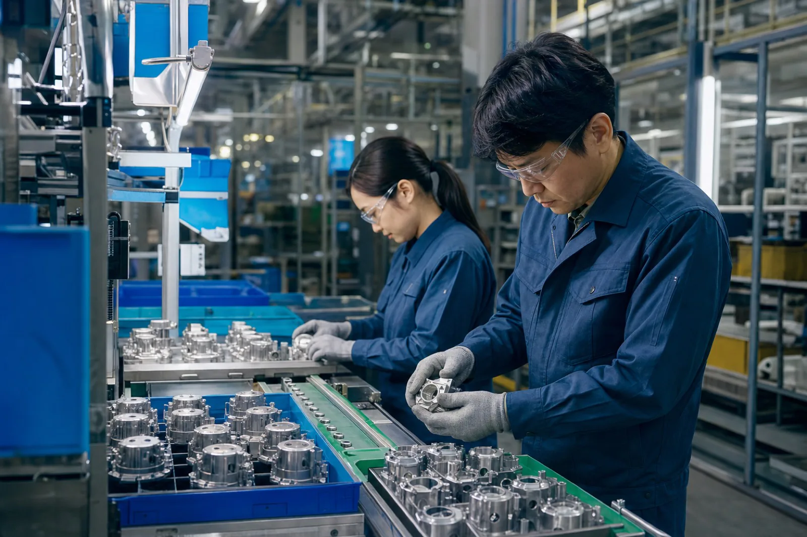 製造ラインで部品を扱う日本人作業者