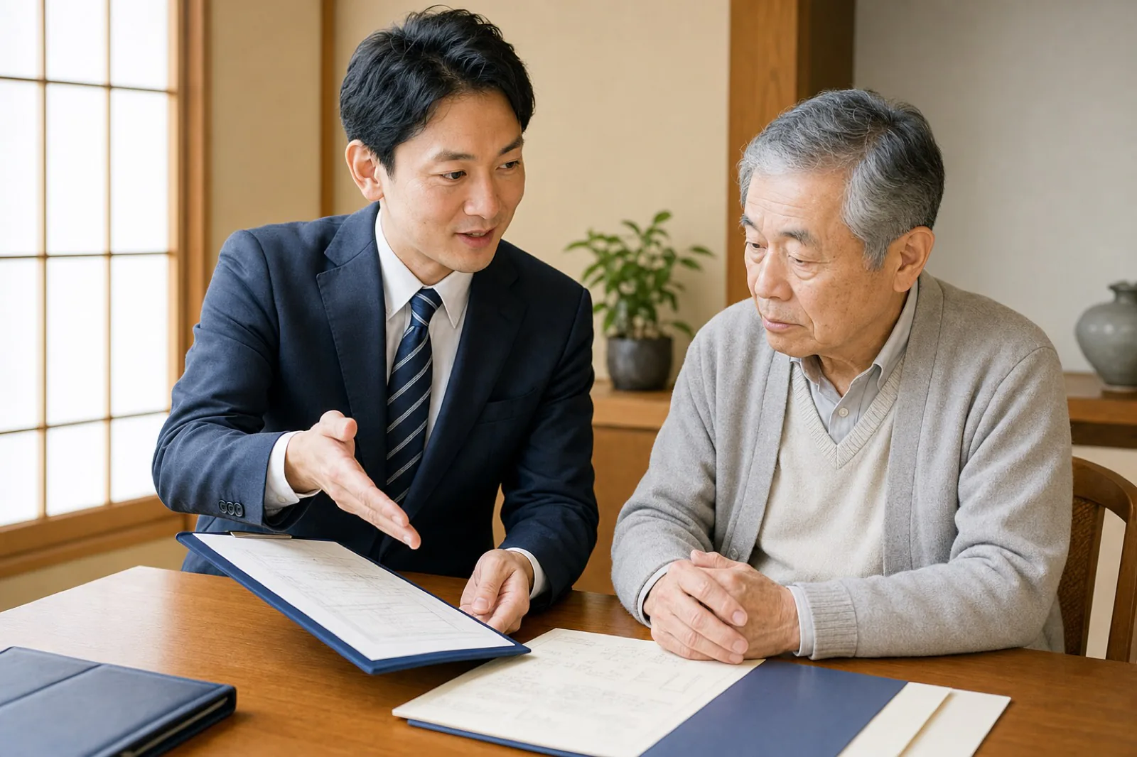 日本人司法書士が高齢の相談者に丁寧に説明している様子