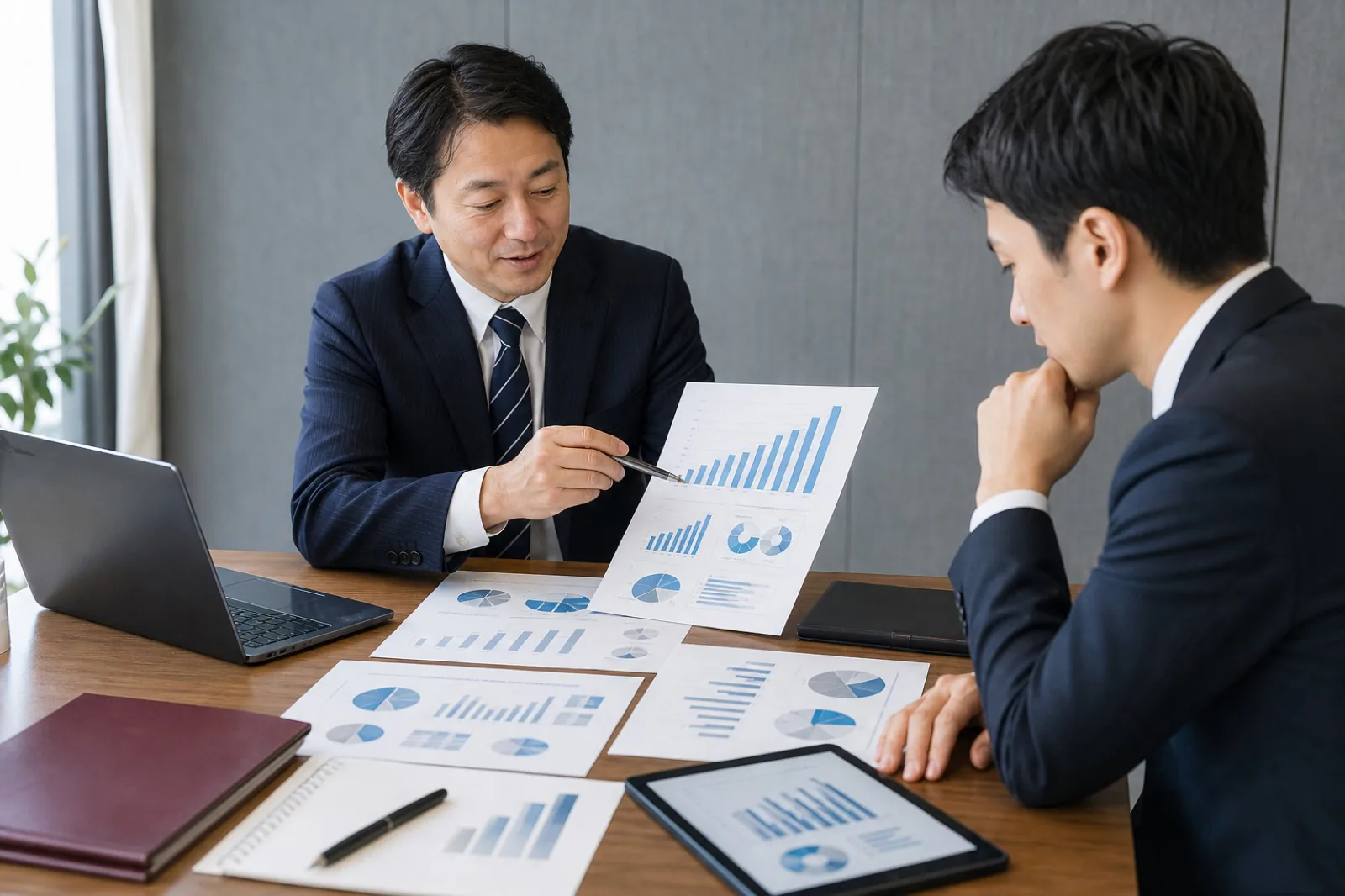 業績向上を象徴するグラフ資料と打合せ