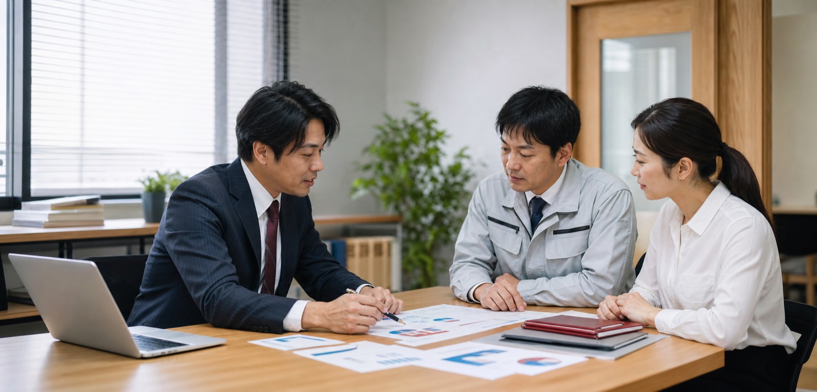 日本人コンサルタントと経営者が経営資料を前に議論する様子