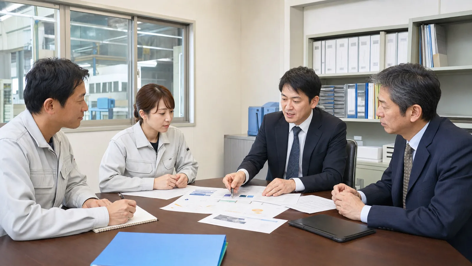 日本の中小企業の会議室で経営課題を話し合うミーティング