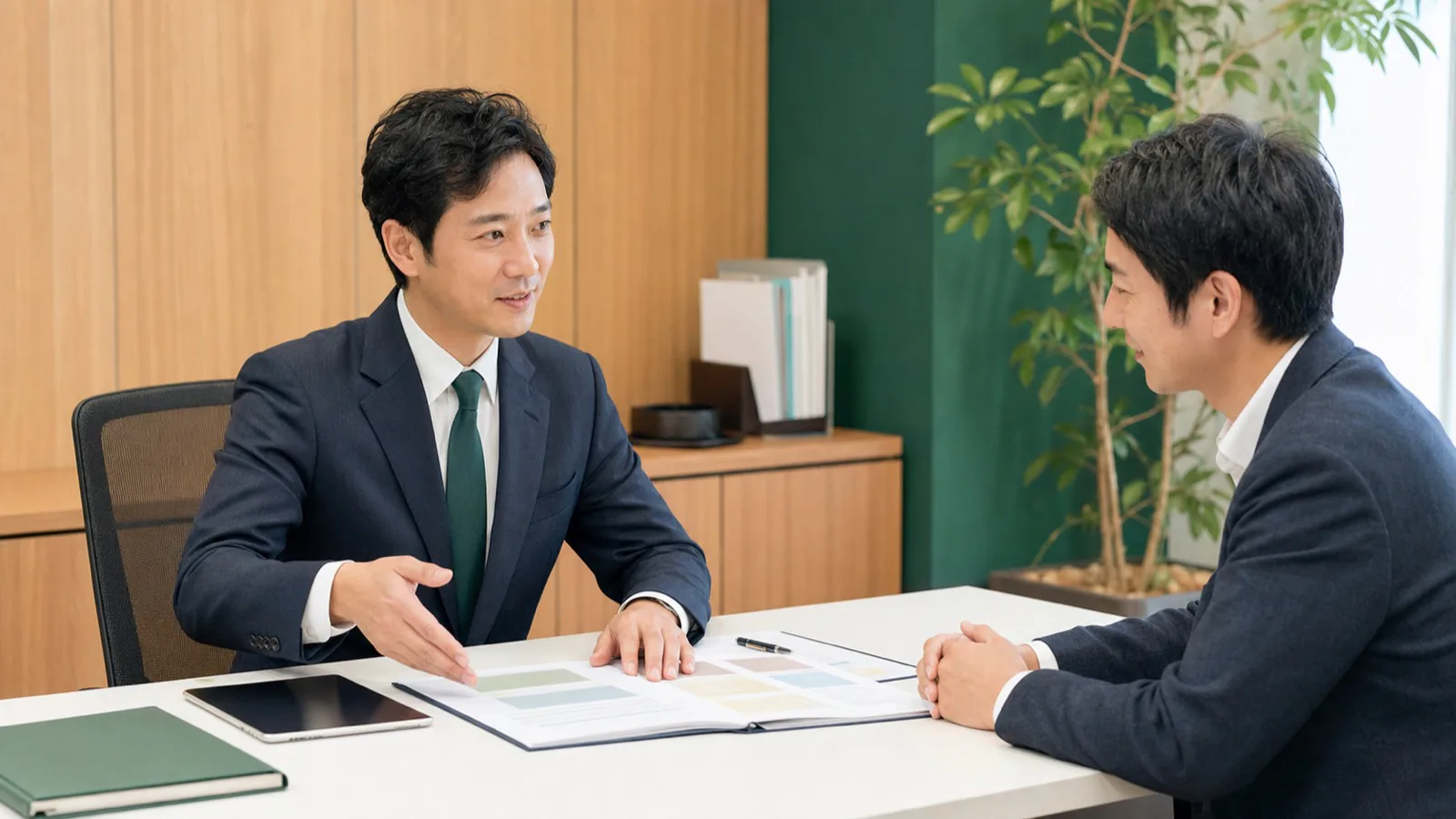 料金プラン資料を挟んで税理士が説明する様子