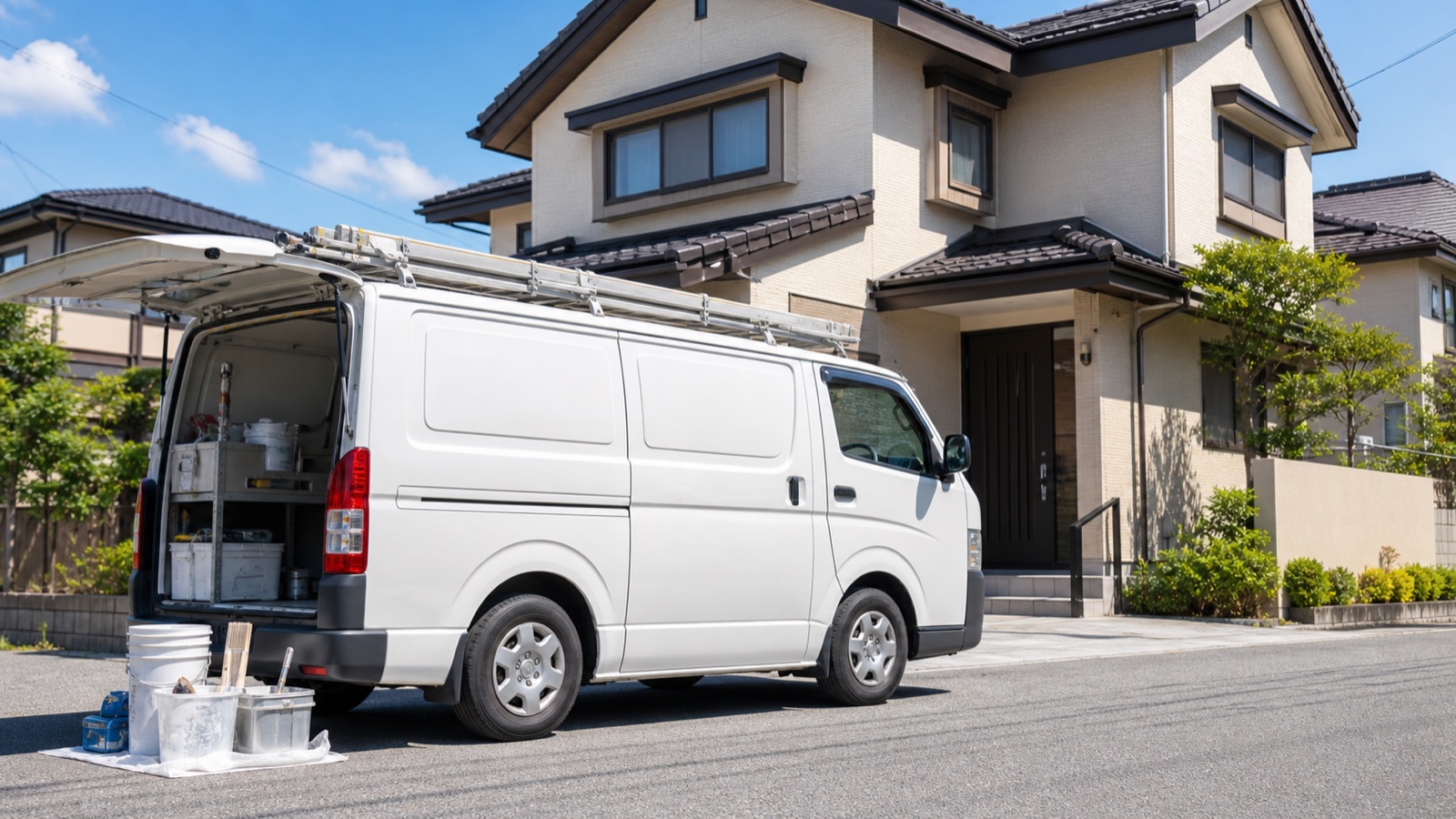 外壁塗装の施工後にアフター対応へ向かう塗装会社の車両写真