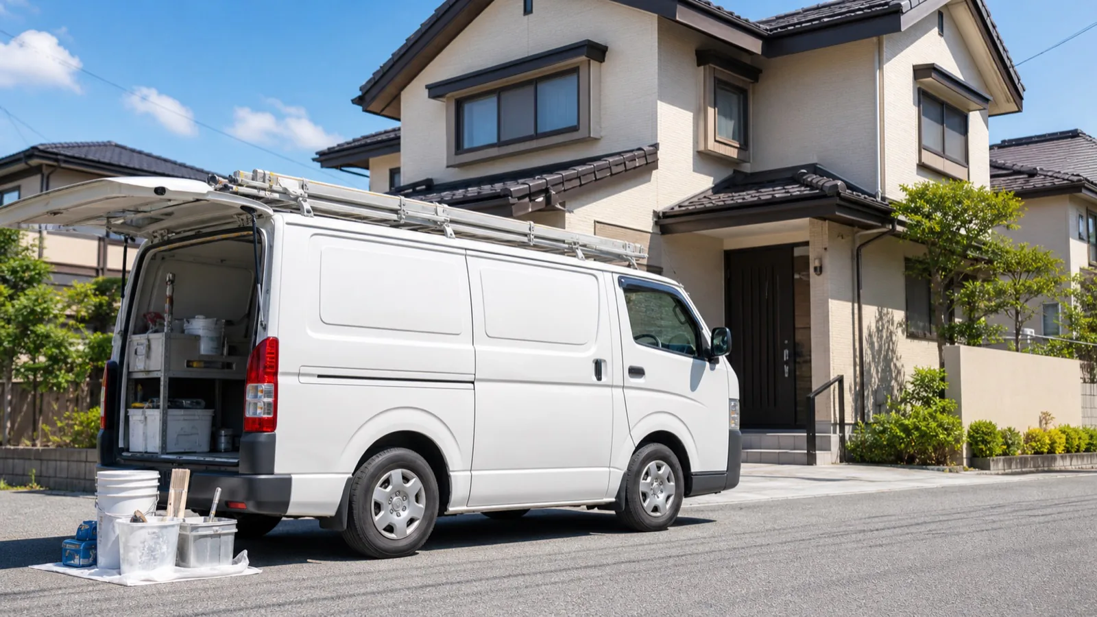外壁塗装の施工後にアフター対応へ向かう塗装会社の車両写真